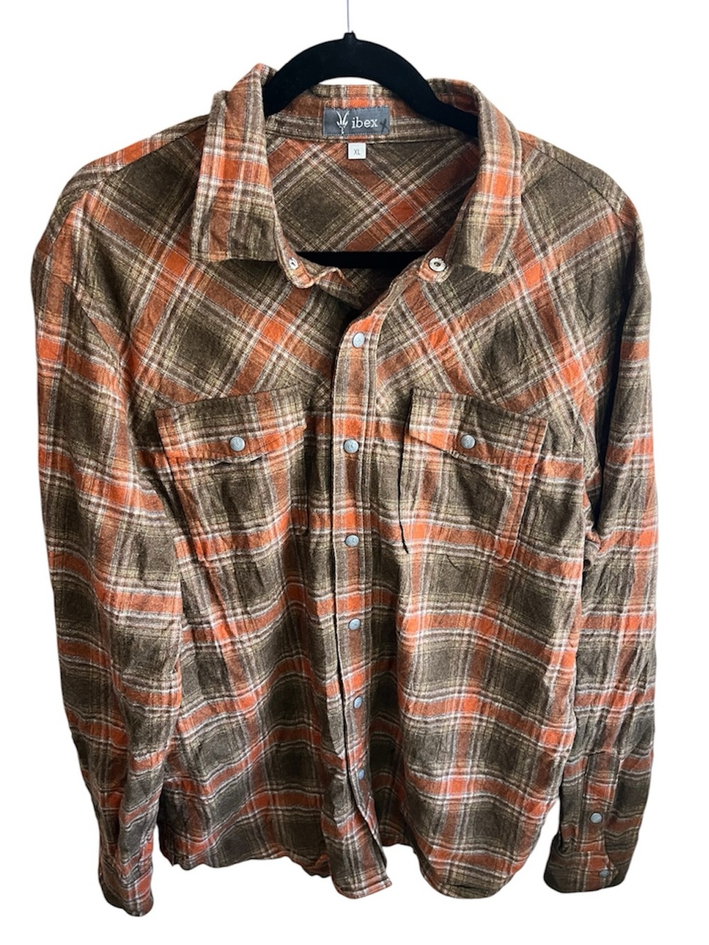 Ibex Taos Plaid Shirt Wool Blend Flannel Snap Front Brown Orange Men's XL